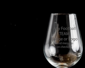 Any FOOTBALL logo/team Personalised Wine Glass Red Wine, White Wine- Hand Etched Personalised gift bartender.211