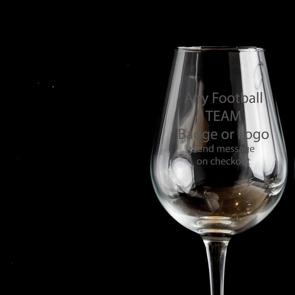 Any FOOTBALL logo/team Personalised Wine Glass Red Wine, White Wine- Hand Etched Personalised gift bartender.211