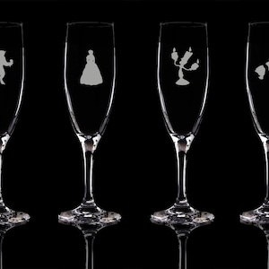 Beauty and the Beast, Belle, Lumiere, Mrs Potts, Chip Personalised Flute Champagne Glass. Hand Etched glass Personalised gift bartender.15