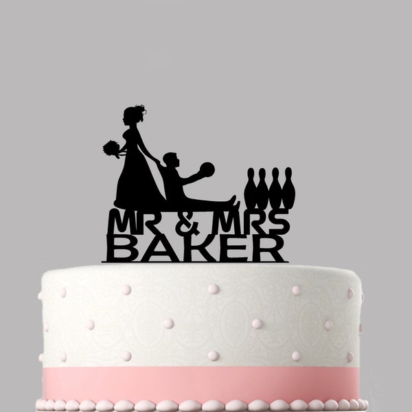 Bride dragging groom Ten Pin BOWLING funny Wedding Cake Topper Personalised acrylic cake topper. Quality item, keepsake.869