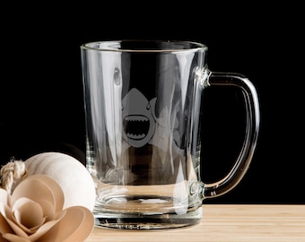Shark  Personalised Beer Mug Beer Glass Pint Glass, Beer tankard Hand Etched Personalised gift bartender.166