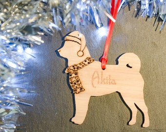 Akita pet dog Christmas personalised engraved birch plywwod xmas bauble 