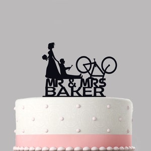 Bride dragging groom CYCLIST funny Wedding Cake Topper Personalised acrylic cake topper. Quality item, keepsake.855