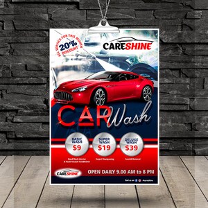 May include: A red car wash flyer with the text "CAR Wash" in large, bold letters. The flyer advertises three different car wash packages: Basic Wash for &pound;9, Super Wash for &pound;19, and Deluxe Wash for &pound;39. The flyer also includes the text "CARESHINE" and "OPEN DAILY 9:00 AM to 8 PM".