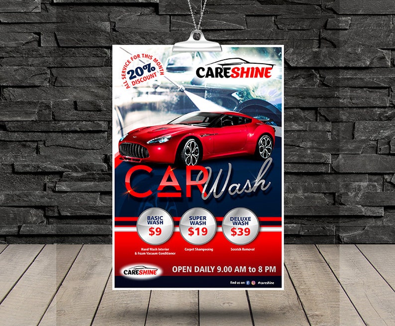 May include: A red car wash flyer with the text "CAR Wash" in large, bold letters. The flyer advertises three different car wash packages: Basic Wash for &pound;9, Super Wash for &pound;19, and Deluxe Wash for &pound;39. The flyer also includes the text "CARESHINE" and "OPEN DAILY 9:00 AM to 8 PM".