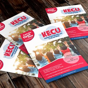 May include: A flyer for KECU Kindergarten English Club Uetimon, featuring a photo of children raising their hands in the air. The flyer includes contact information, class times, and the phrase "Registration Open Now".
