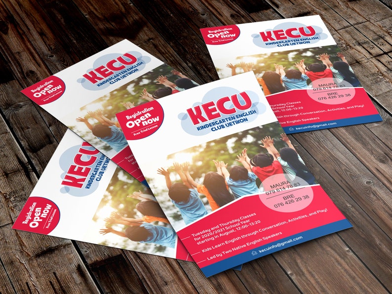May include: A flyer for KECU Kindergarten English Club Uetimon, featuring a photo of children raising their hands in the air. The flyer includes contact information, class times, and the phrase "Registration Open Now".