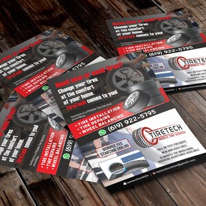 May include: Four flyers advertising a mobile tyre service called TireTech. The flyers are red, black and white with a tyre graphic. The flyers advertise tyre installation, tyre repairs and wheel balancing. The flyers also include the phone number (619) 922-5795 and the email address tiretechmobile@gmail.com.