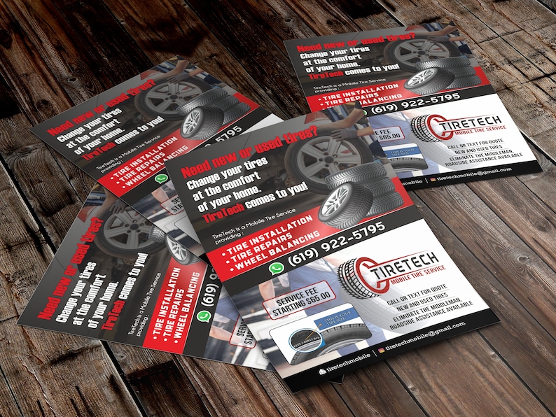 May include: Four flyers advertising a mobile tyre service called TireTech. The flyers are red, black and white with a tyre graphic. The flyers advertise tyre installation, tyre repairs and wheel balancing. The flyers also include the phone number (619) 922-5795 and the email address tiretechmobile@gmail.com.