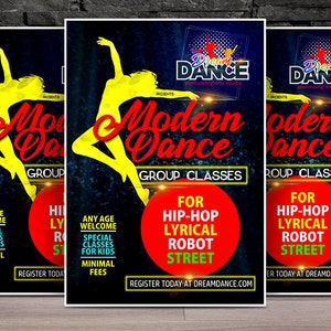 May include: A flyer advertising modern dance classes at Dream Dance performing arts studio. The flyer features a yellow silhouette of a dancer against a black background with red text that says "Modern Dance" and "Group Classes". The flyer also includes information about the different types of dance classes offered, including hip-hop, lyrical, robot, and street.
