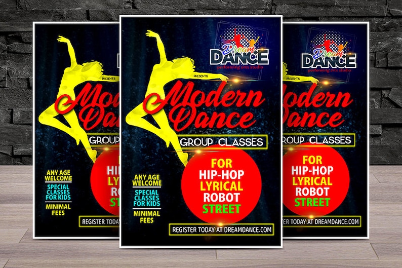 May include: A flyer advertising modern dance classes at Dream Dance performing arts studio. The flyer features a yellow silhouette of a dancer against a black background with red text that says "Modern Dance" and "Group Classes". The flyer also includes information about the different types of dance classes offered, including hip-hop, lyrical, robot, and street.