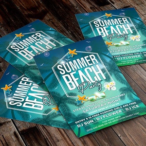 May include: A flyer for a Summer Beach Party with a tropical background featuring palm trees, a blue sky, and a white hexagon with the text "Summer Beach Party". The flyer includes the names of the DJs, the date and time of the event, and the location. The flyer also states that entry is &pound;15 and that free parking is available for girls.