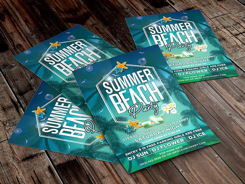 May include: A flyer for a Summer Beach Party with a tropical background featuring palm trees, a blue sky, and a white hexagon with the text "Summer Beach Party". The flyer includes the names of the DJs, the date and time of the event, and the location. The flyer also states that entry is &pound;15 and that free parking is available for girls.