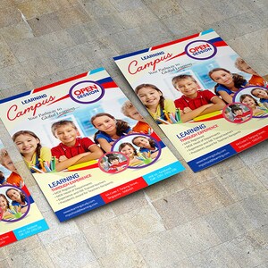May include: A colourful flyer advertising an open session at a learning campus. The flyer features a group of children smiling and learning in a classroom. The text on the flyer reads "Learning Campus" and "Your Pathway to Global Learning..."