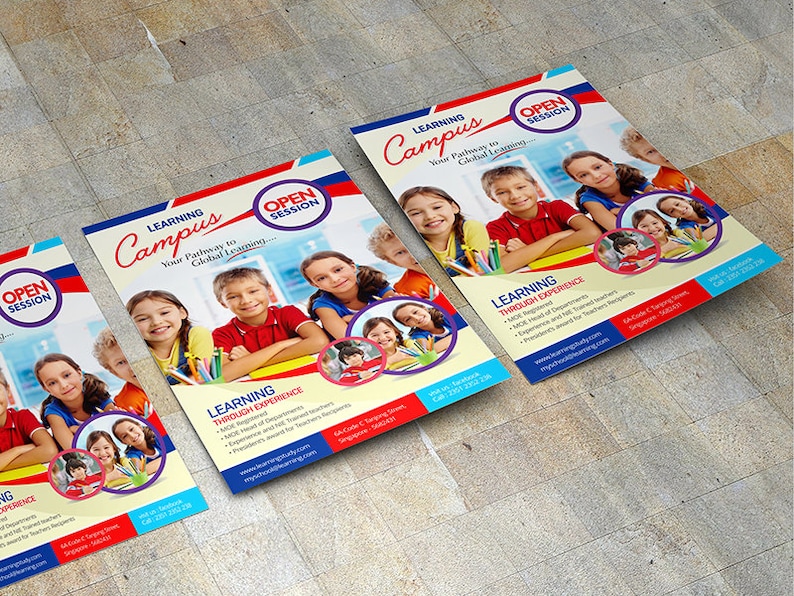 May include: A colourful flyer advertising an open session at a learning campus. The flyer features a group of children smiling and learning in a classroom. The text on the flyer reads "Learning Campus" and "Your Pathway to Global Learning..."