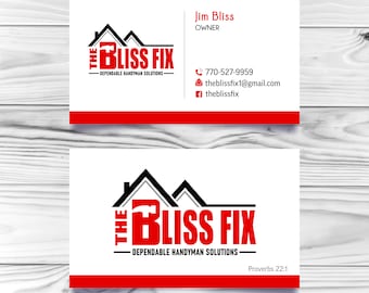 May include: Business card for The Bliss Fix, a handyman service. The card features a red and black logo with a house and wrench design. The text "The Bliss Fix" is in red and the text "Dependable Handyman Solutions" is in black. The card also includes the owner's name, phone number, email address, and social media links.