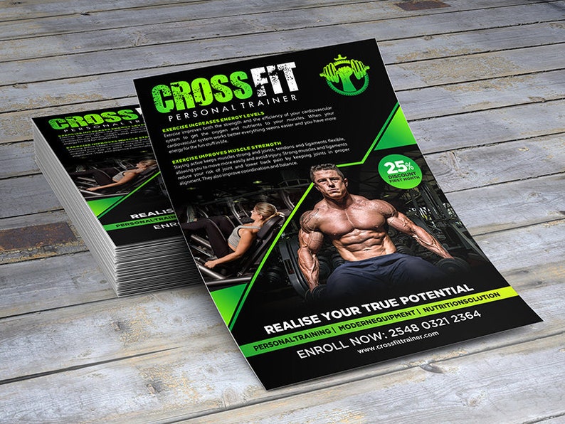 May include: A black and green flyer advertising a personal trainer service called "CrossFit Personal Trainer". The flyer features a muscular man lifting weights and text that highlights the benefits of exercise, including increased energy levels and muscle strength. The flyer also includes a 25% discount for the first month.
