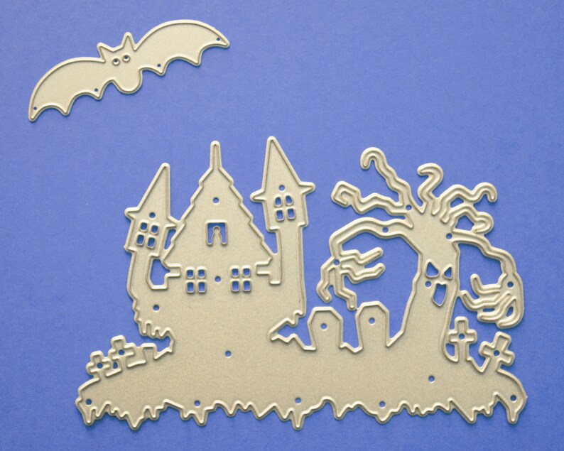 Halloween metal cutting dies Haunted house die Bat stencil Creepy tree die Halloween cardmaking die Card embossing tool Paper cutting die