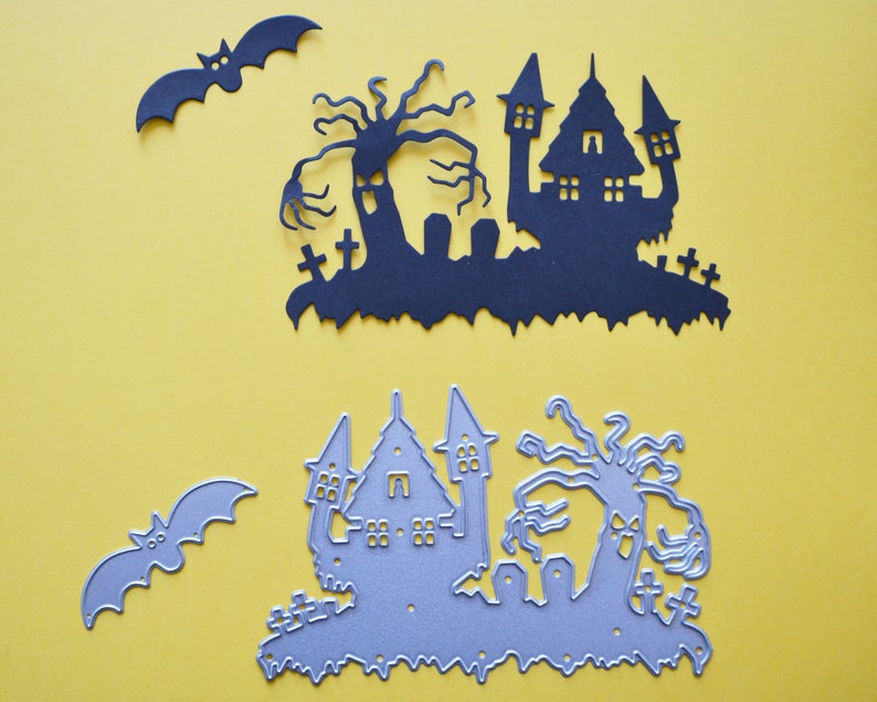 Halloween metal cutting dies Haunted house die Bat stencil Creepy tree die Halloween cardmaking die Card embossing tool Paper cutting die