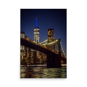 New York City Photo Print "Downtown Manhattan from Brooklyn at Night", Manhattan Skyline and Brooklyn Bridge at Night - Impression NY