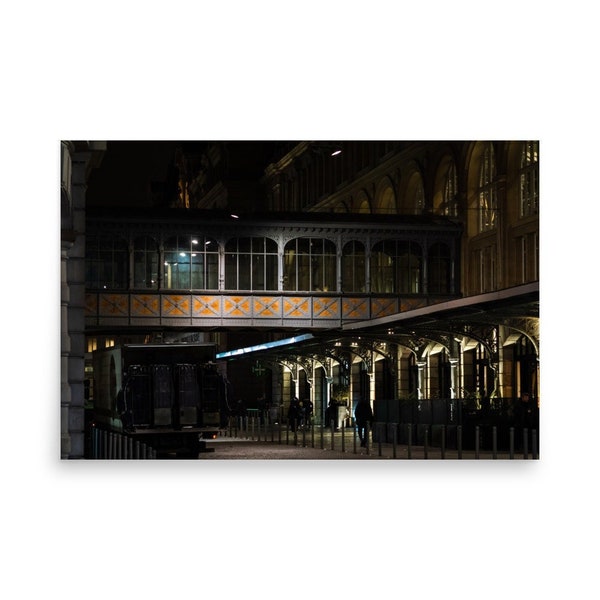 Paris photo print "Night atmosphere at Saint Lazare train station", aerial footbridge of the St Lazare train station at night - Fine Art