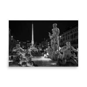 Photo print of Rome &quot;B&W Piazza Navona at Night&quot;, Piazza Navona by night and its Fountain of the Four Rivers - Black and White Print