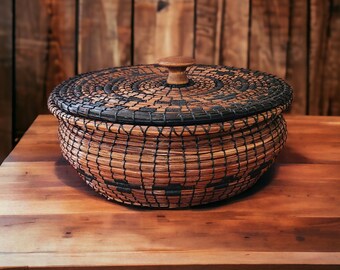 Woven Handmade Pine Needle Basket with Lid and ceramic center 4" Tall. 5" Wide