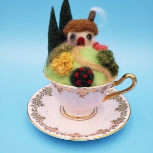 Needle felted Village in an antique teacup