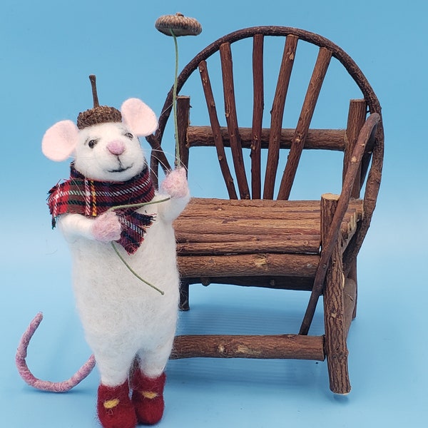 Needle felted white mouse with his acorn umbrella