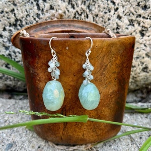 Aquamarine Earrings, Semi Precious Aquamarine, March Birthstone, Aquamarine Drop Earrings, Aquamarine with Faceted  Mini Cluster Earrings