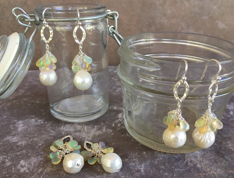 Opal Earrings Handmade Wrapped Drop Earrings Opal and Freshwater Pearl Earrings Cluster of 9 3mm Opals June Birthstone Birthstone Nov