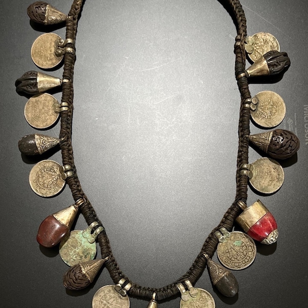 Vintage Tibetan Ceremonial Tribal Necklace, Om Mantra, Wheel of Time, Antique Coins, Organic Coral, Carnelian, Aged Rudrsaksh, Spiritual