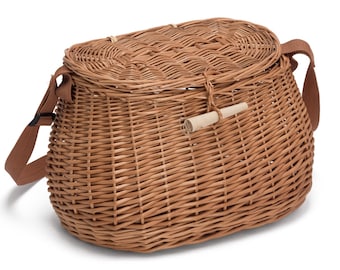Panier Vintage De Pêcheur En Osier - Marque LG, Moyen, Beige, Lanières En Cuir