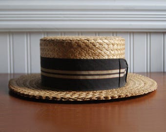 Antique Straw Boater Hat, 1920s, Skimmer, brown striped grograin ribbon