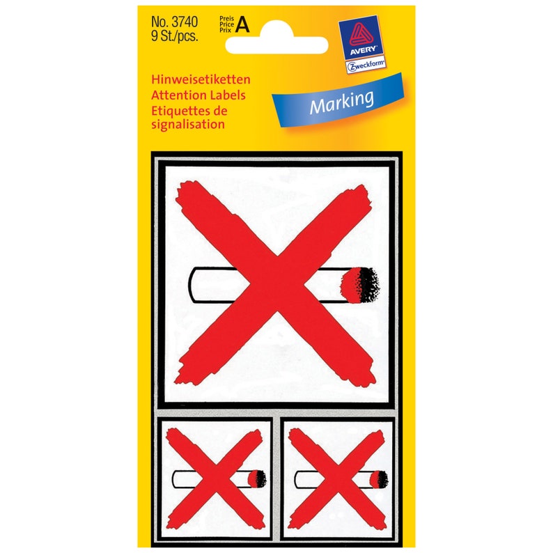 Puede incluir: Un paquete de 9 pegatinas de no fumar. Las pegatinas son blancas con una l&iacute;nea diagonal roja a trav&eacute;s de un cigarrillo blanco y negro. El paquete es amarillo con el texto "No. 3740 9 St/pcs. Avery Zweckform Marking Hinweisetiketten Attention Labels Etiquettes de signalisation" impreso en &eacute;l.
