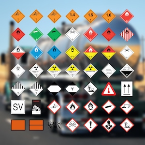 May include: A collection of 36 diamond-shaped warning signs with various symbols and numbers. The signs are black, white, red, yellow, green, and orange. The signs are arranged in rows and columns on a blurred background.