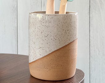 White Speckled Ceramic Utensil Crock – Handmade Pottery