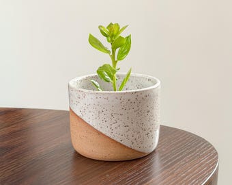 White Speckled Ceramic Planter – Handmade Pottery