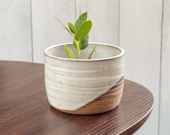White Glaze Marbled Ceramic Planter – Handmade Pottery