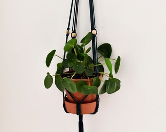 Dark green macrame plant hanger / suspended planter / hanging flower pot / pot hanger / plant holder / wooden beads /handmade /Bruman Design