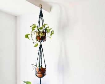 Double petrol blue macrame plant hanger / recycled cotton / suspended planter / hanging flower / pot hanger / plant holder / Bruman Design