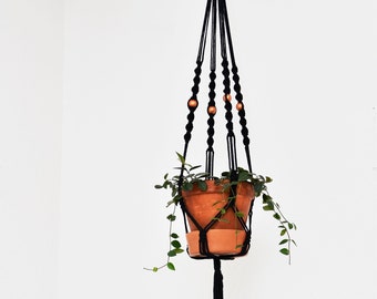 Black macrame plant hanger / copper beads / suspended planter / hanging flower pot / macrame / pot hanger / plant holder / Bruman Design