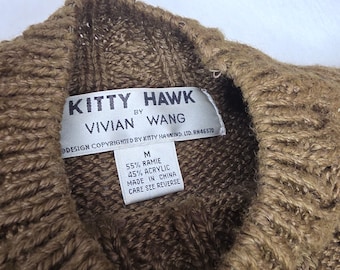 Vintage Kitty Hawk Vivian Wang Ramie-Mischgewebe-Zopfstrickpullover mit Applikation und Bommel, Braun, Größe M