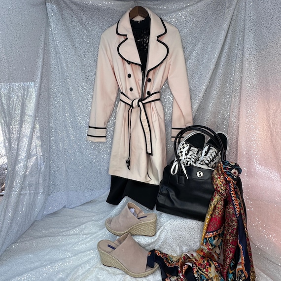 ELLE Pink Double Breasted Trench Coat Size 12 Contrast Piping Mod Utility Dress