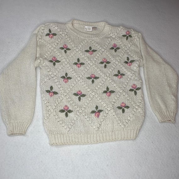 Needles, VTG 80s Needles & Yarn Floral Embroidered Pearl Cable Knit Sweater - Small