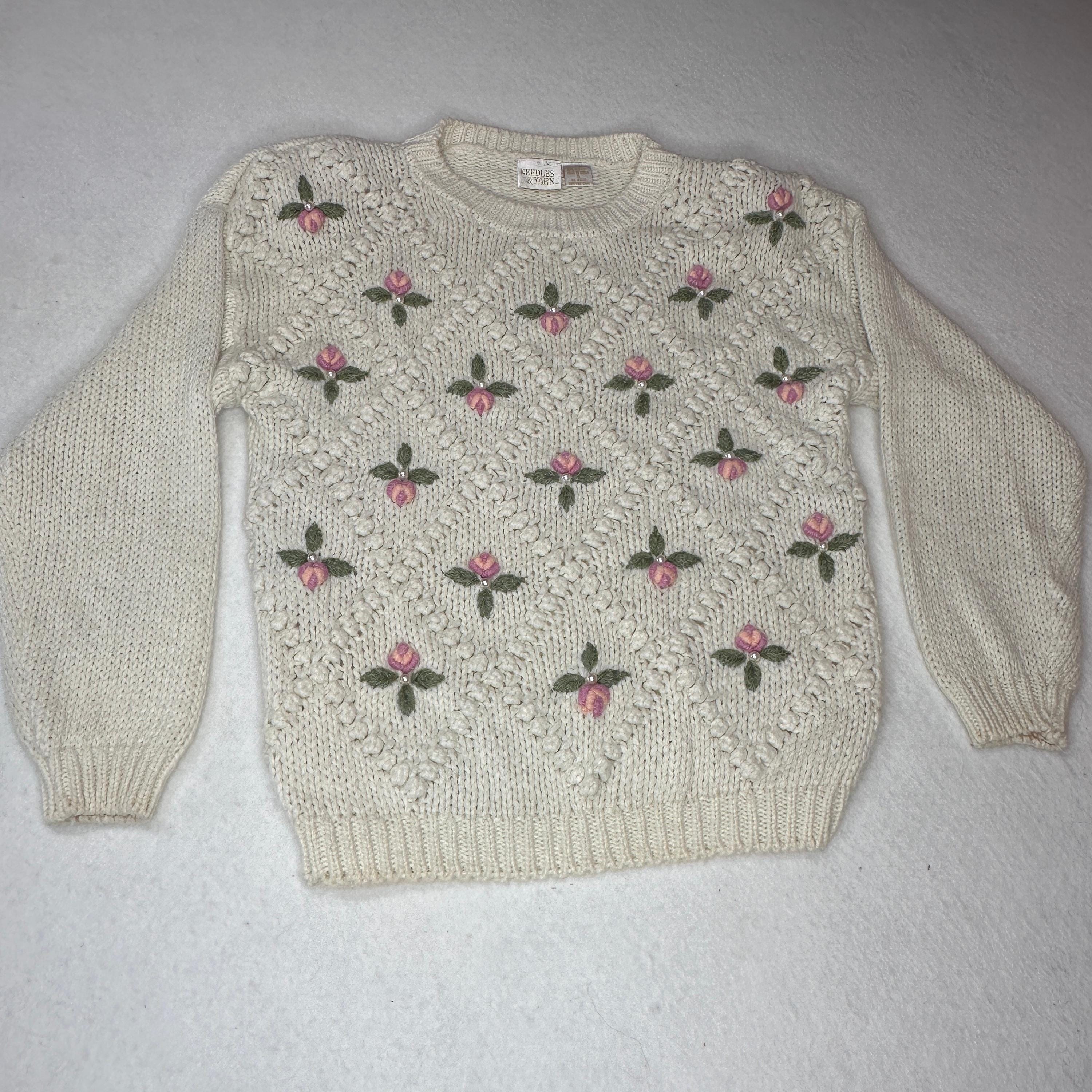 Needles, VTG 80s Needles & Yarn Floral Embroidered Pearl Cable Knit Sweater - Small