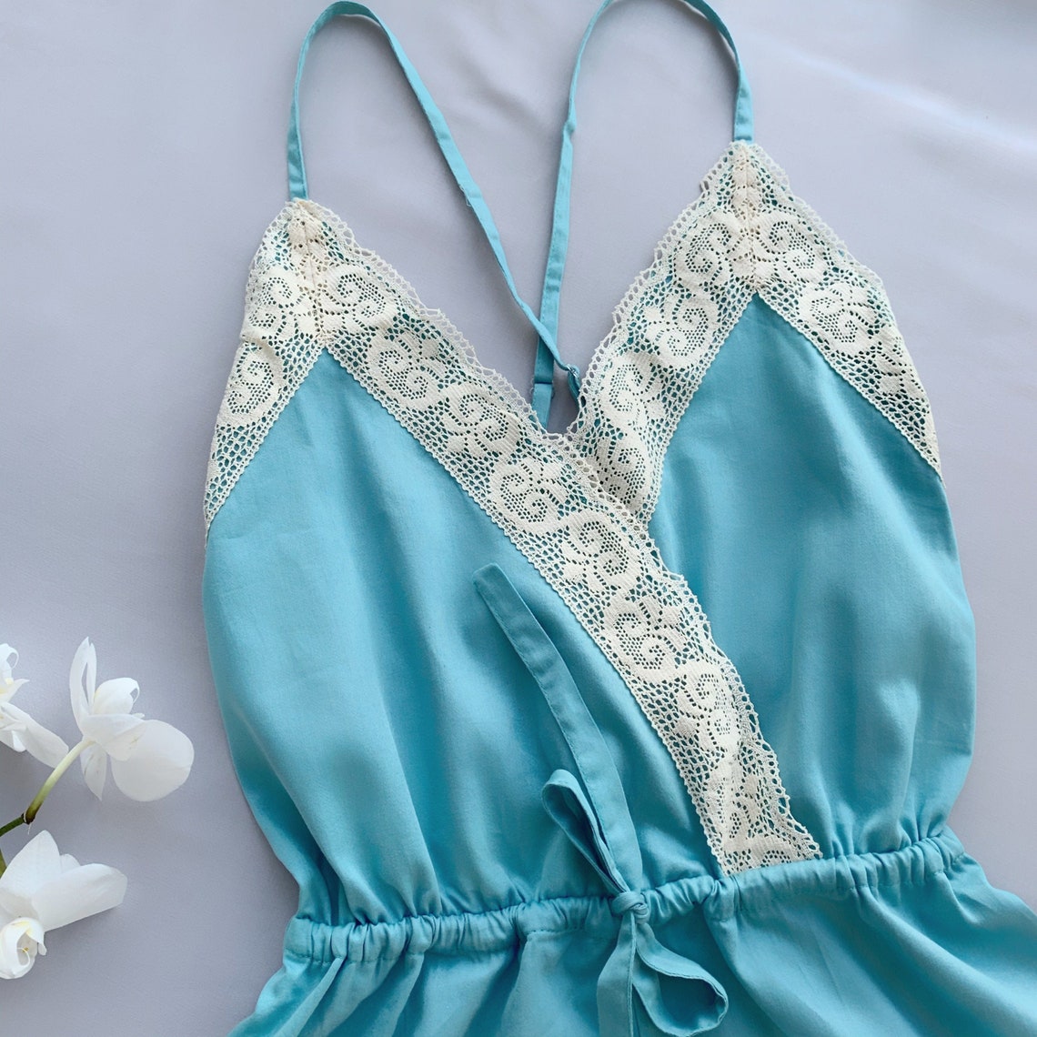 Blue sleep romper for women size S satin rompers cotton Etsy