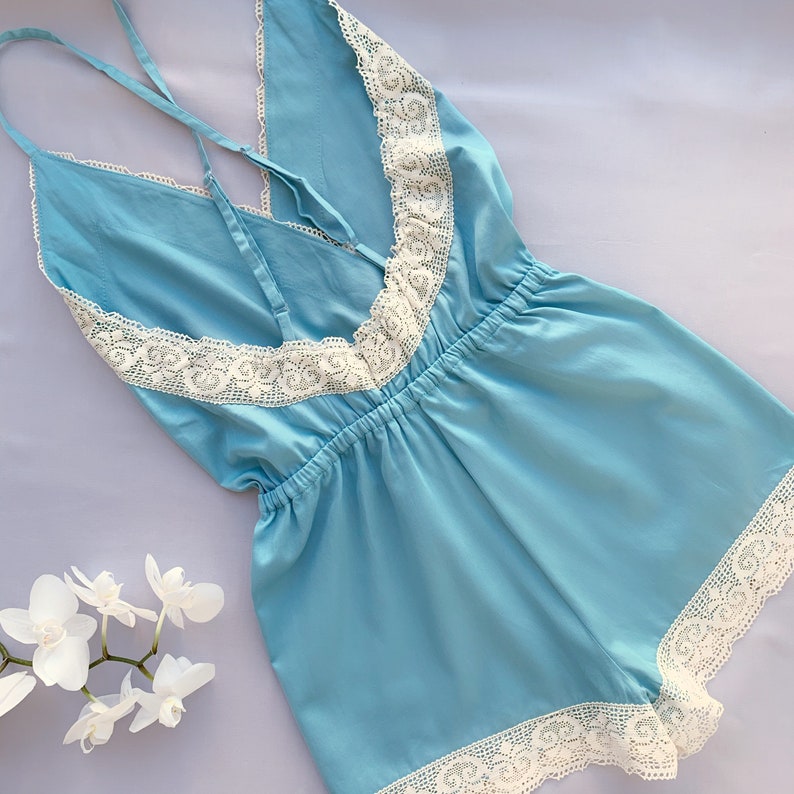 Blue sleep romper for women size S satin rompers cotton Etsy