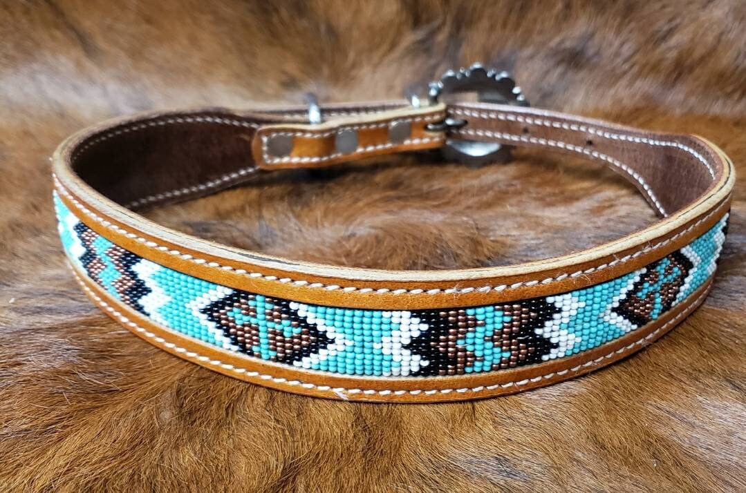 Leather Beaded Dog Collar Size Large 1923 Inches Etsy UK