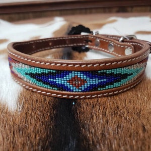 Leather beaded dog collar size medium  13-19  inches western turquoise diamond